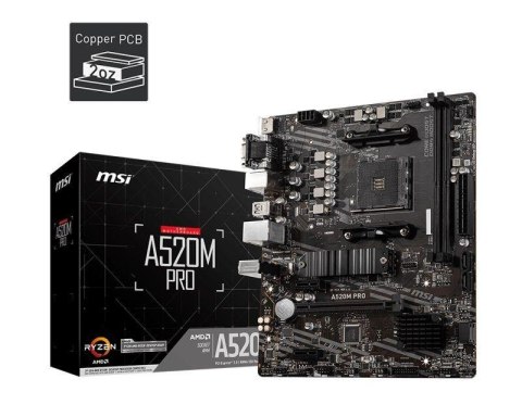 Płyta MSI A520M PRO  AMD A520 DDR4 SATA3 M.2 USB3.1 PCIe3.0 AM4 mATX