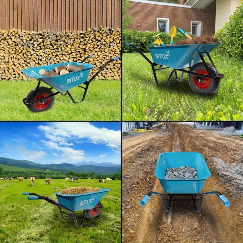 Taczka Ogrodowa Solidna taczka 100L jednokołowa niebieska Mocna 250kg koło PU