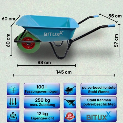 Taczka Ogrodowa Solidna taczka 100L jednokołowa niebieska Mocna 250kg +zielone koło PU