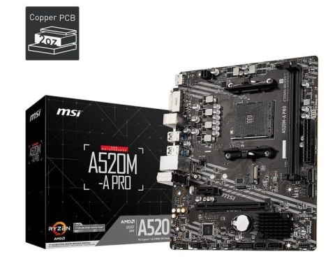 Płyta MSI A520M-A PRO  AMD A520 DDR4 SATA3 M.2 USB3.1 PCIe3.0 AM4 mATX