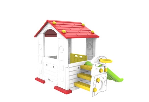 Domek Ogrodowy 3w1 dla dzieci Czerwony Dach + Zjeżdżalnia + Koszykówka