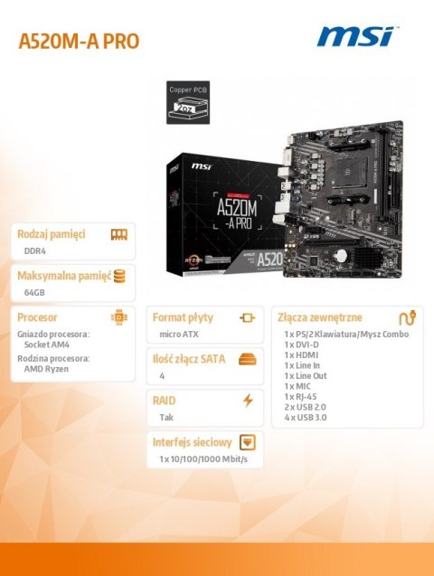 Płyta główna A520M-A PRO AM4 2DDR4 DVI/HDMI USB 3.2 mATX