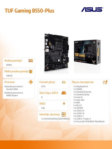 Płyta główna TUF GAMING B550-PLUS AM4 DDR4 HDMI DP M.2 ATX