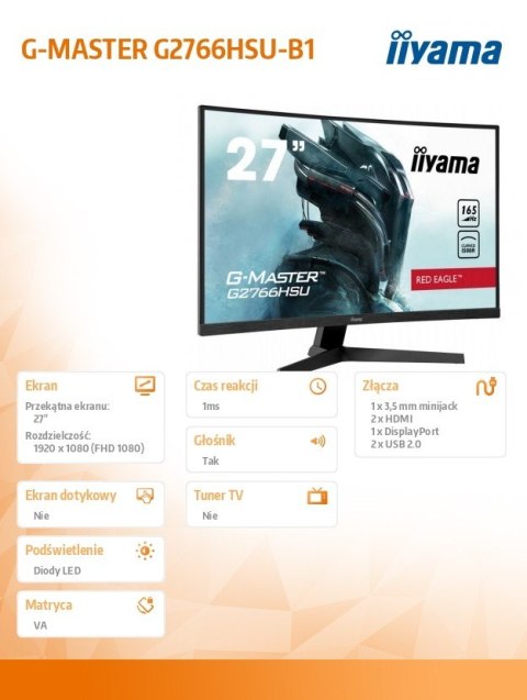 Monitor 27 cali G2766HSU-B1 VA 165HZ 1500R 1MS DP HDMIx2 USB FreeSync