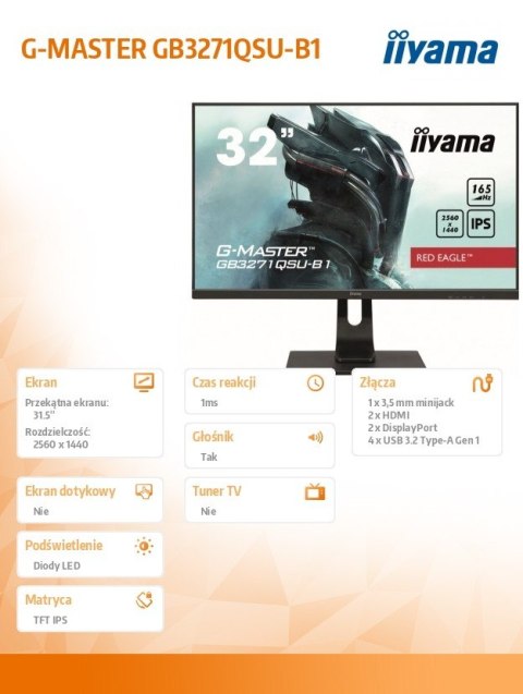 Monitor 31.5 cala GB3271QSU-B1 QHD 1ms IPS 165Hz HDMI DP 400cd FreeSync