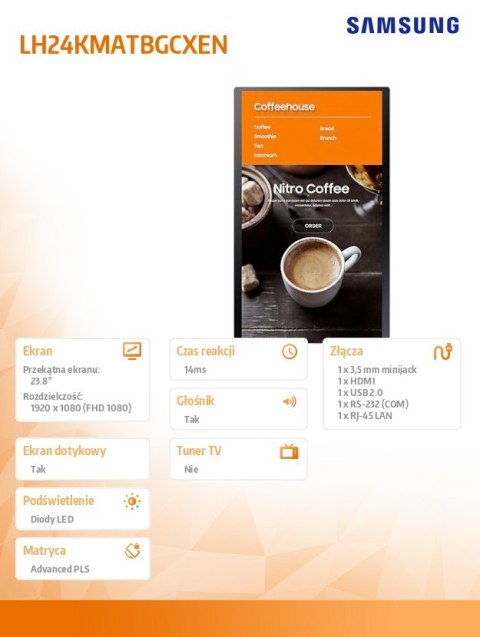Monitor profesjonalny KIOSK KM24A/Tizen 24 cale Matowy, Dotykowa 16h/7 250(cd/m2) 1920x1080(FHD) S6 Player 3 lata d2d (LH24KMATB