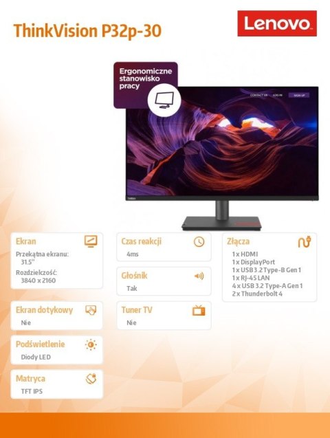 Monitor 31.5 cala ThinkVision P32p-30 WLED LCD 63D1RAT1EU