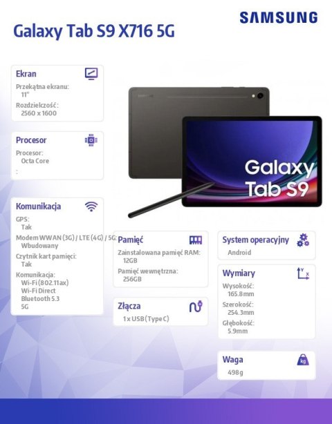 Tablet Galaxy Tab S9 X716 5G 11 cali 12/256 GB Gray
