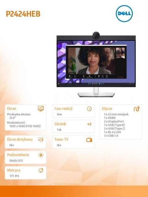 Monitor P2424HEB 23 8 cala LED IPS Full HD (1920 x1080) 16:9 HDMI DP  RJ-45 Kamera Głośniki Mikrofon 3YPPG
