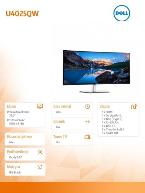 Monitor U4025QW 39 7 cala Curved WUHD 5120x2160 21:9 HDMI DP Thunderbolt USB USB-C Speakers 3Y PPG