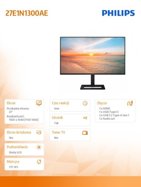 Monitor 27E1N1300AE 27 cali IPS 100Hz HDMI USB-C HAS Głośniki