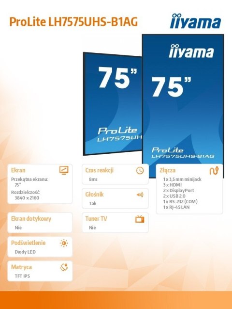 Monitor 75 cali LH7575UHS-B1AG  24/7 IPS ANDROID.11 4K 500cd/m2 WiFi 3xHDMI DP Daisy/Chain 2xUSB 2x10W RJ45 iiSignage2 FailOver 