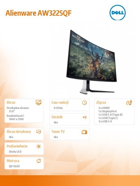 Monitor AW3225QF 31 6 cala Curved NVIDIA G-Sync Compatible 240Hz OLED 4K (3840x2160) 16:9 2xHDMI 5xUSB 3 2 3Y AES&PPE