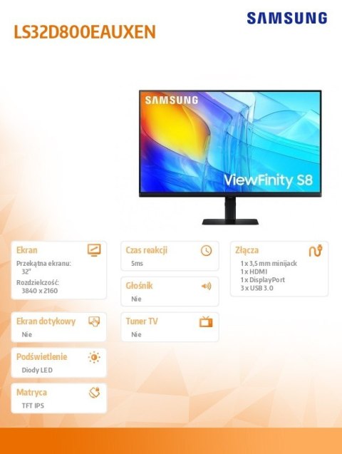Monitor 32 cali ViewFinity S80D VA 3840x2160 UHD 16:9 1xHDMI 1xDP 3xUSB 3.0 5ms PinP/PbyP 60Hz HAS+PIVOT płaski 3YOn-Site