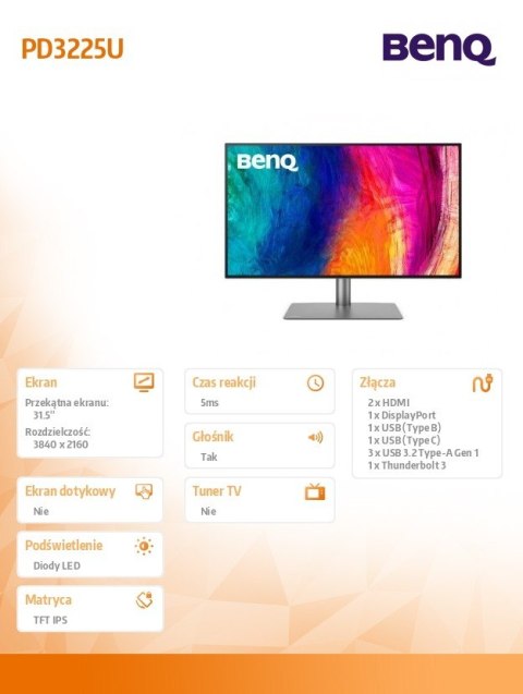 Monitor 31.5 cala PD3225U LED 5ms 2K 2000:1 HDMI Czarny