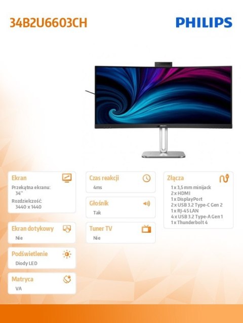 Monitor 34B2U6603CH 34 cale Curved VA HDMIx2 DP HAS Thunderbolt RJ45