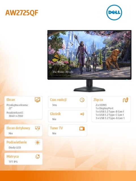 Monitor AW2725QF 27 0 cali NVIDIA G-Sync Compatible IPS Dual-Resolution 4K 180Hz FHD 360Hz 16:9 DP HDMI USBC USB 3Y