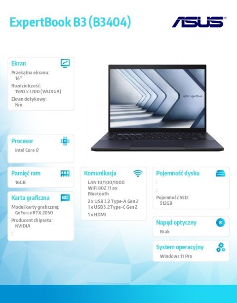 Notebook ExpertBook B3 B3404CVF-Q50005X - i7-1355U/16GB/512GB/RTX 2050/14 WUXGA/Win 11 PRO/3YRS