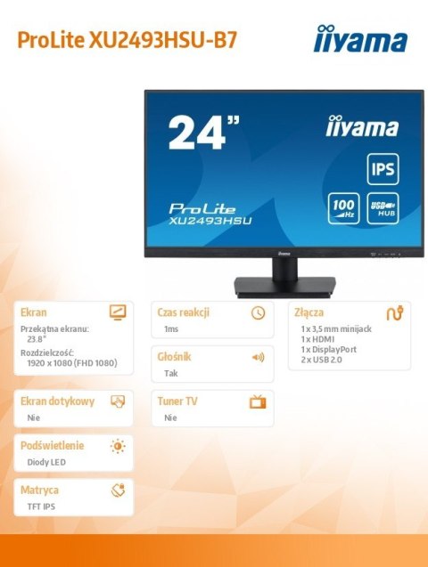 Monitor 24 cale XU2493HSU-B7 IPS.HDMI.DP.2x2W.USBx2 300cd