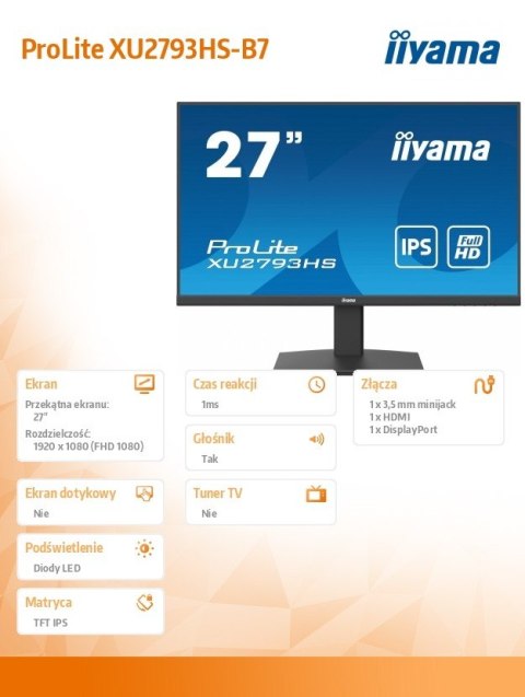 Monitor 27 cali XU2793HS-B7 IPS HDMI DP ACR 2x2W 300cd