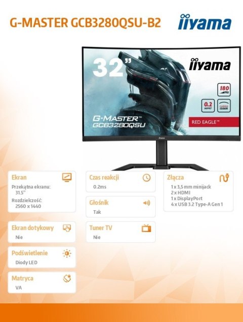Monitor 32 cale GCB3280QSU-B2 VA QHD 180Hz 1500R 0.2ms 4xUSB 350cd
