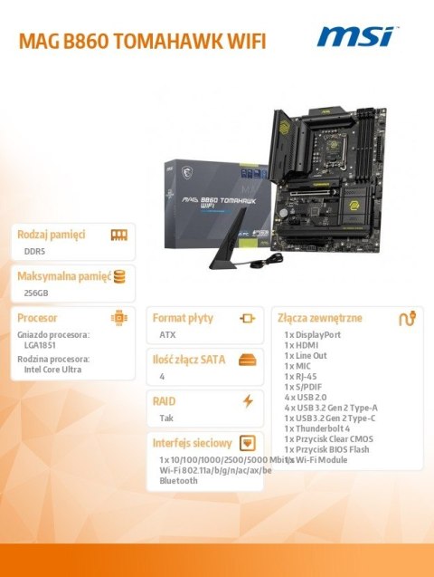 Płyta główna MAG B860 TOMAHAWK WIFI s1851 4DDR5 ATX