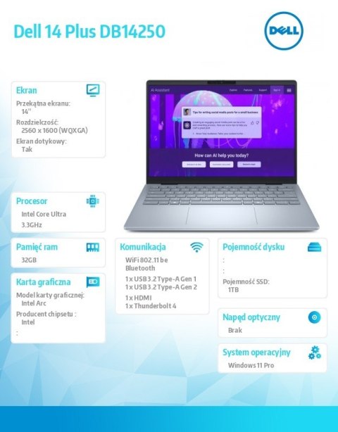 Laptop Dell 14 Plus DB14250 Win11Pro Ultra 9 288V/32GB/1TB/14.0 2.5K/Arc/FgrPr/WLAN + BT/Backlit Kb/4 Cell/3Y ProSupport