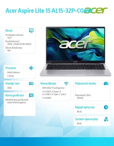 Laptop Lite 15 AL15-32P-C0AW Celeron N4500  15.6 FHD IPS  8GB  256GB SSD  No OS  Pure Silver