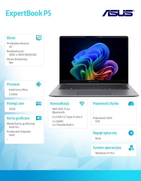 Notebook P5405CSA-NZ0408X ultra 7 258V/14 cali WQXGA/32GB/1TB/ Win 11 PRO/3YRS