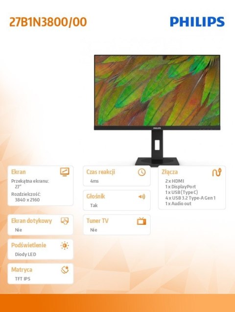 Monitor 27B1N3800 27 cali IPS 4K HDMIx2 DP USB-C Pivot Głośniki