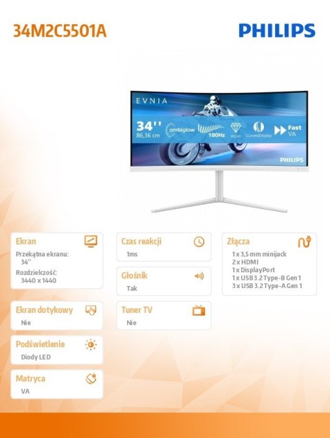 Monitor 34 cale 34M2C5501A Curved VA 180Hz HDMIx2 DP HAS Ambiglow