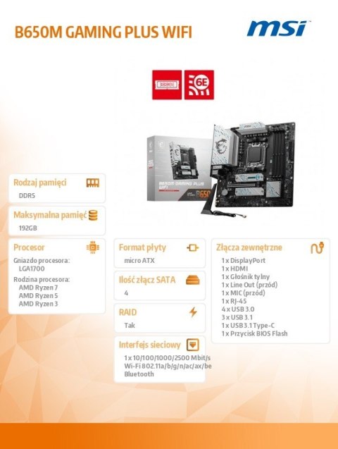 Płyta główna B650M GAMING PLUS WIFI AM5 4DDR5 HDMI DP mATX