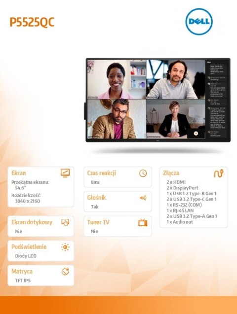 Monitor 54 6 cala P5525QC IPS 4K UHD 16:9 HDMI DP USB-C RS232 USB RJ45 Speakers 3Y