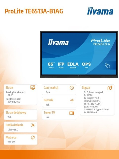 Monitor 65 cali TE6513A-B1AG INFRARED 40pkt IPS 4K 7H 450cd/m2  WiFi USB  ANDROID 14  Google EDLA 2x20W  UCHWYT CIENNY