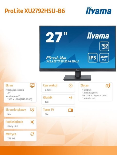 Monitor ProLite XU2792HSU-B6 27 cali IPS FHD HDMI DP 100Hz 4xUSB3.2 SLIM 2x2W