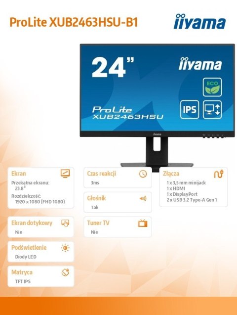 Monitor 23.8 cala ProLite XUB2463HSU-B1 IPS 100HZ ECO 3ms SLIM HDMI DP 2x USB3.22x2W HAS(150mm) TCO EPEAT