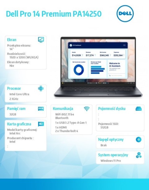 Laptop Dell Pro 14 Premium PA14250 W11P Ultra 5 238V/32GB/512GB/14.0 FHD+/Arc/FgrPr/Cams&Mic/WLAN+BT/BcklKb/3C/vPro/3YPS Magnesi