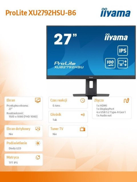 Monitor ProLite XUB2792HSU-B6 27 cali IPS HDMI DP 100Hz SLIM 4xUSB3.2 PIVOT  HAS(150mm) 2x2W