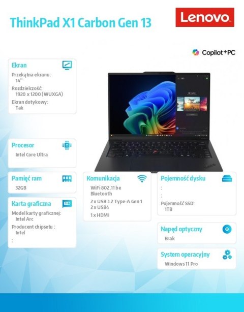 Ultrabook Thinkpad X1 Carbon G13 21NS004NPB W11Pro Ultra 7 258V 32GB 1TB INT 14 0 WUXGA Touch Black 3YRS Premier Support + CO2 
