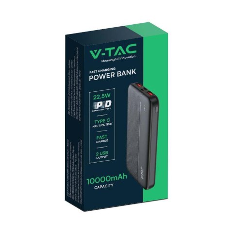 Power Bank V-TAC 10000mAh Czarny 2xUSB Type C SZYBKI 22,5W V-TAC VT-10000-B
