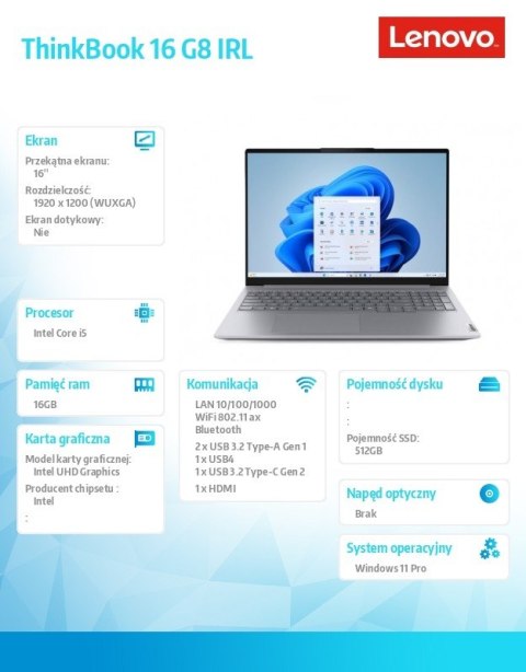 Notebook ThinkBook 16 G8 21SH00JMPB W11Pro i5-13420H/16GB/512GB/INT/16.0 WUXGA/Luna Grey/3YRS OS + CO2 Offset