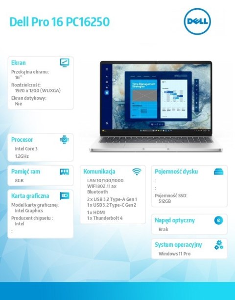 Laptop Dell Pro 16 PC16250 W11P C3 100U 8GB 512GB 16 0 FHD  Int FgrPr Cam&Mic WLAN BT BcklKb 3C 3YPS Platinum
