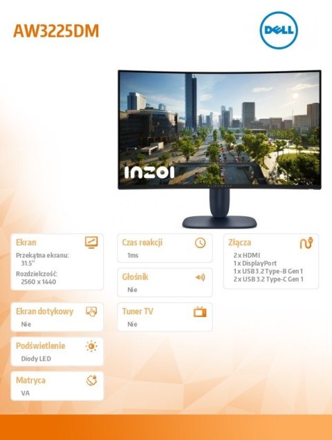 Monitor AW3225DM 31 6 cala Curved NVIDIA G-Sync Compatible 180Hz VA QHD (3440x1440) 16:9 DP 2xHDMI 3xUSB 3 2 3Y AES&PPE