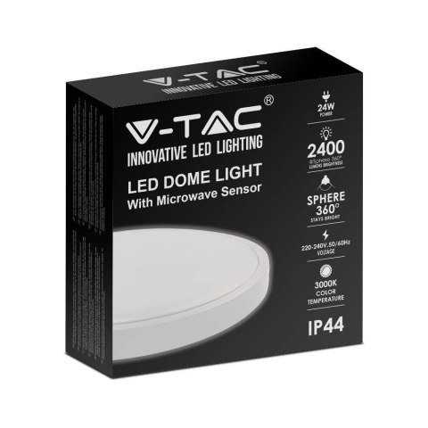 Plafon V-TAC 24W LED Okrągły IP44 Czujnik Ruchu Mikrofalowy 30cm Biały VT-8624S-W-RD 4000K 2400lm