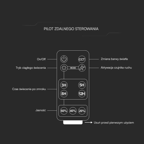 Projektor LED Solarny V-TAC 10W Pilot, AUTO, Timer, Czujnik Ruchu, IP65, CCT VT-411CCT 4000K+6000K 1500lm
