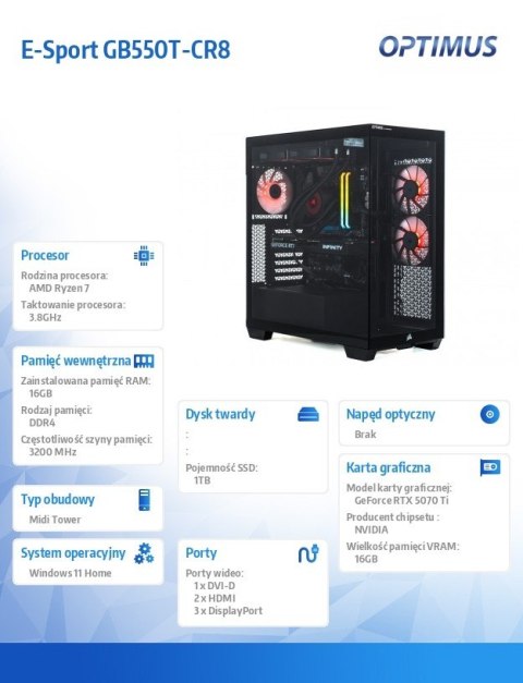 Komputer E-Sport GB550T-CR8 Ryzen 7 5800X/16GB/1TB/RTX 5060 Ti 16GB/W11H