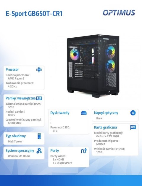 Komputer E-Sport GB650T-CR1 Ryzen 7 7800X3D 32GB 2TB RTX 5070 OC 12GB WIN