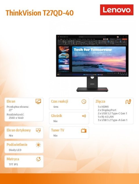 Monitor 27 cali ThinkVision T27QD-40 WLED LCD