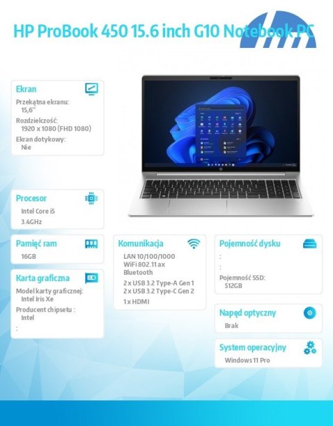 Notebook ProBook 450 G10 i5-1334U 512GB/16GB/W11P AD1D1ET