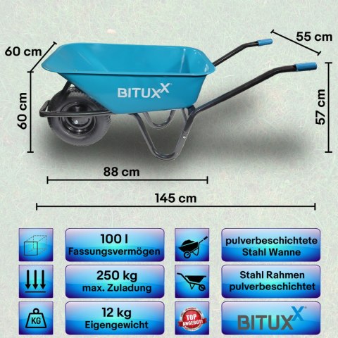 Taczka Ogrodowa Solidna taczka 100L jednokołowa niebieska Mocna 250kg
